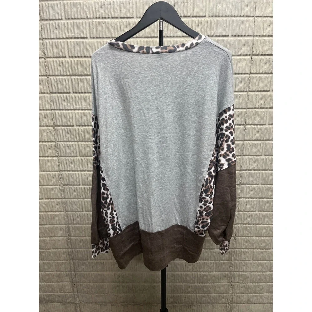 Womens Leopard‎ Print Color Block Long Sleeve Top Gray Brown Size M